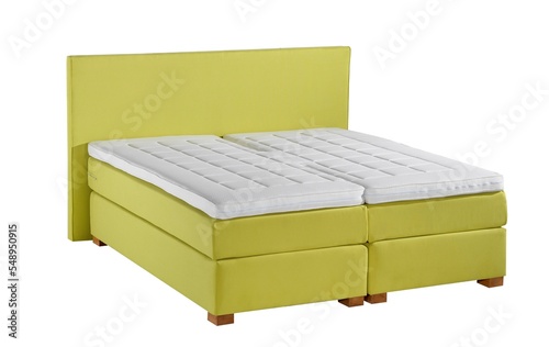 beige color boxspring mattress set , headboard bed base , sleep product , background isolated, with white topper.