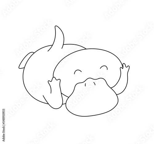Vector isolated cute cartoon duckbill platypus character lying on stomach colorless black and white contour line easy drawing