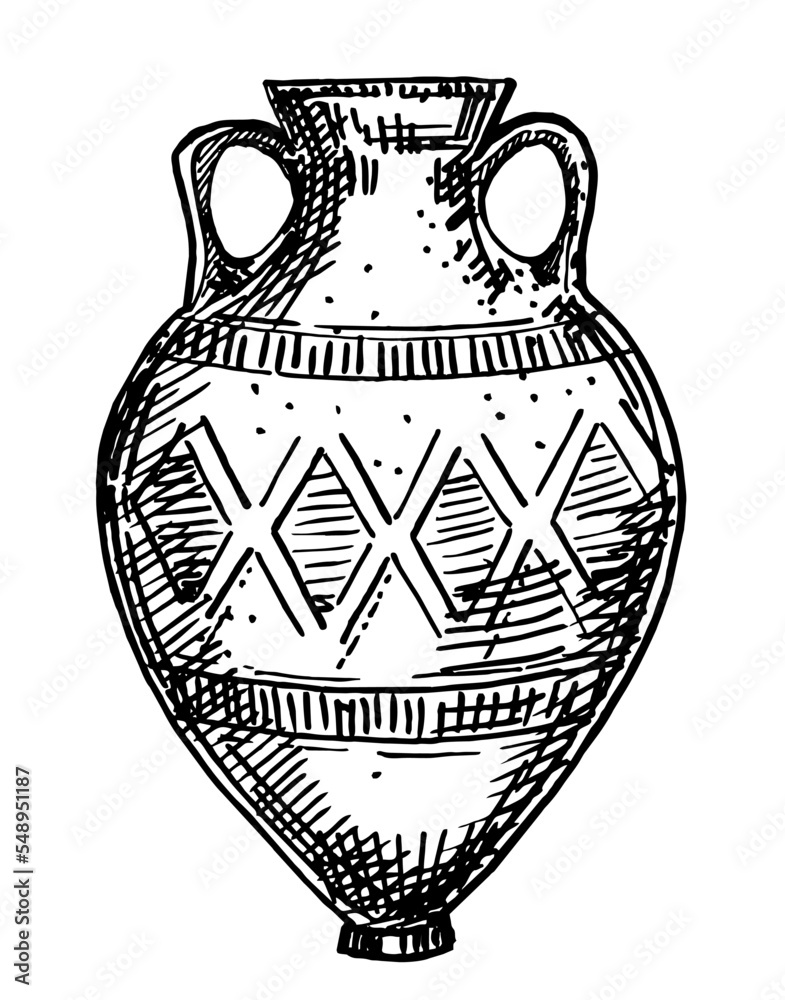 Ceramic Vase from excavations in Greece, painted archaeological pottery. Ancient Greek jug, pot, terracotta ceramic with ornament. Artifact