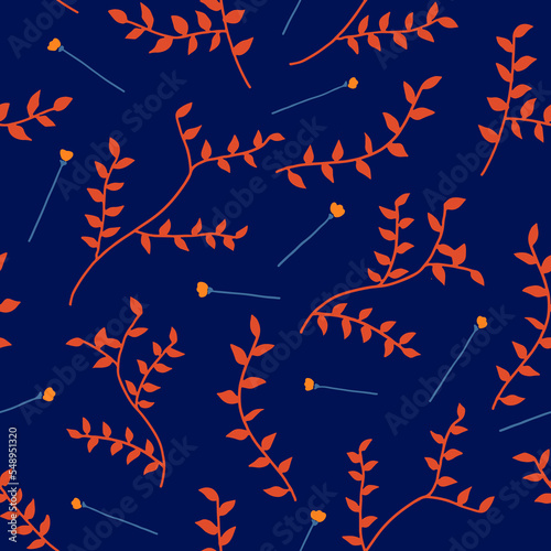 Seamless vector leaf and flower pattern, Orange and blue color tone. Autume winter background.