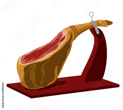 Jamon - leg of dried pork meat on a wooden stand. Jamon meat vector icon. Spanish ham dry cured pork leg with hoof, jamon iberico bellota.