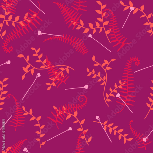 Seamless vector leaf ,fern and flower pattern, pink and orange color tone. spring summuer season background. element for invitation,wedding, card, poster, greetings.