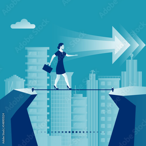 Business risk rope. Businesswoman walking on a tightrope in the background big modern city. Way to success. Vector flat design. Success in business concept. Motivational business template.