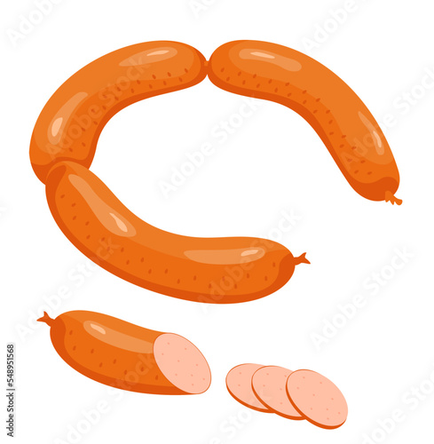 Boiled sausage. Tasty food. Freshly made butchers sausages. Sausages tied together. A food ingredient. Ready made food