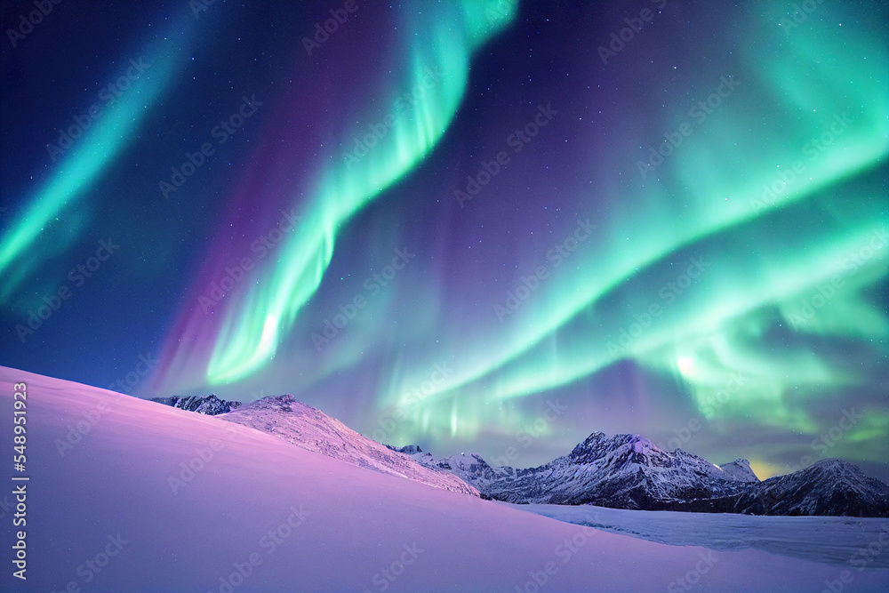 Northern Lights over lake. Aurora borealis with starry in the night sky. Fantastic Winter Epic Magical Landscape of snowy Mountains.  
