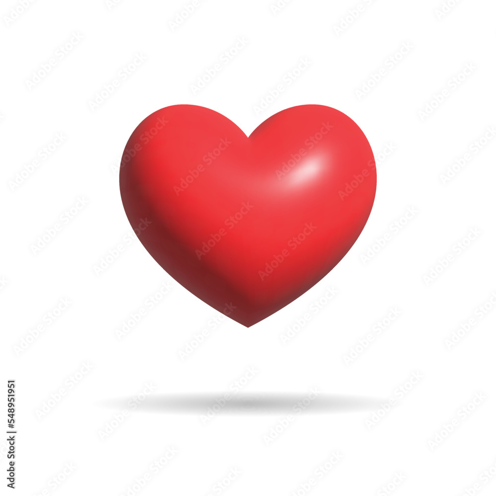 Heart icon 3d render design. Red heart shape isolated on white. Realistic symbol love. Vector illustration cartoon style. For use as a template in medicine or Valentines Day.