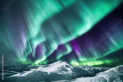 Northern Lights over lake. Aurora borealis with starry in the night sky. Fantastic Winter Epic Magical Landscape of snowy Mountains. 