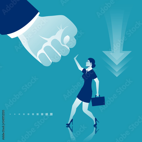 Violence in family. Man in a fist threatens a woman. Stop violence against women. Big fist threatens a girl. Vector illustration flat design. Isolated on background.