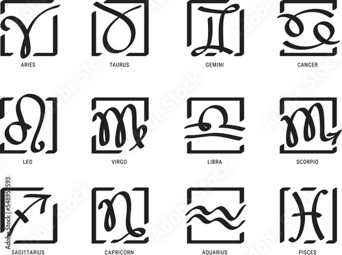 Zodiac sign in the shape of a square. Astrological symbols of the twelve zodiacal constellations isolated on white background. Vector illustration