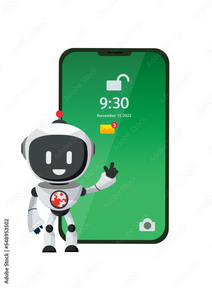 Fototapeta premium Robot phone security vector design. Mobile smart phone safety device lock update for privacy information access apps. Vector Illustration. 