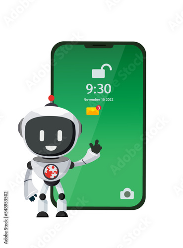 Robot phone security vector design. Mobile smart phone safety device lock update for privacy information access apps. Vector Illustration.
