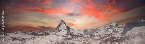 The panoramic of sunset sky scene  view to the majestic Matterhorn mountain, Valais, Switzerland photo