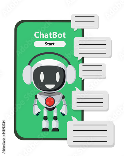 Robot chatbot character vector design. Chat bot apps with ai technology and speech bubbles for automated question and answer. Vector Illustration.
