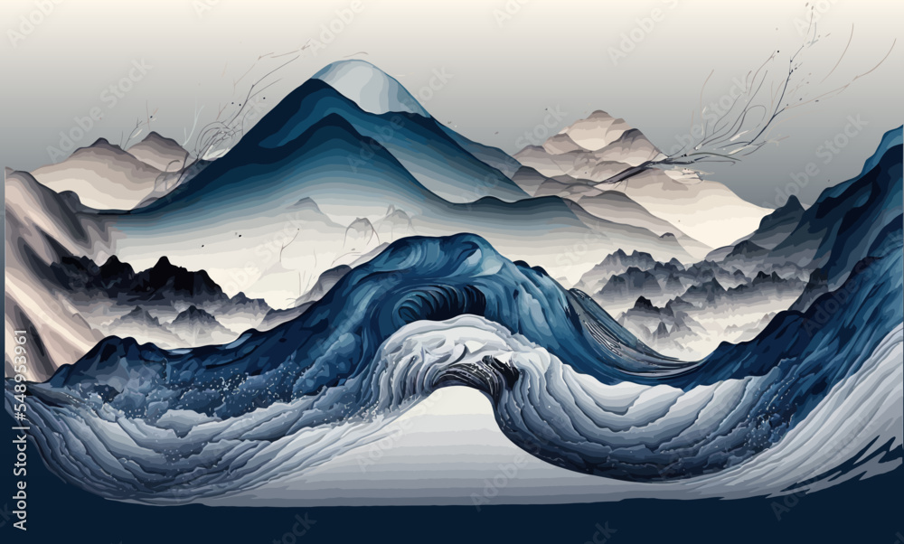 Watercolor blue mountain background. Landscape with mountains in a