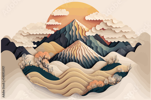 Minimalistic mountain landscape with watercolor gold brush and texture in traditional oriental, Japanese style. Vector illustration