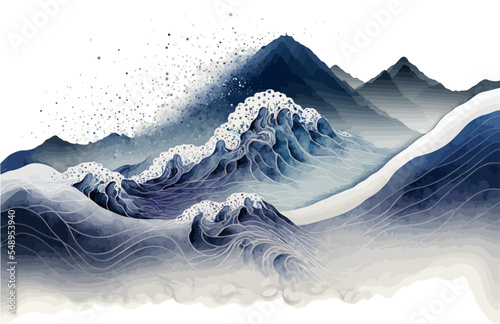 Watercolor mountain background. Luxurious mountainous terrain in oriental style. Wallpaper design, prints and invitations, postcards. Majestic mountains. vector illustration