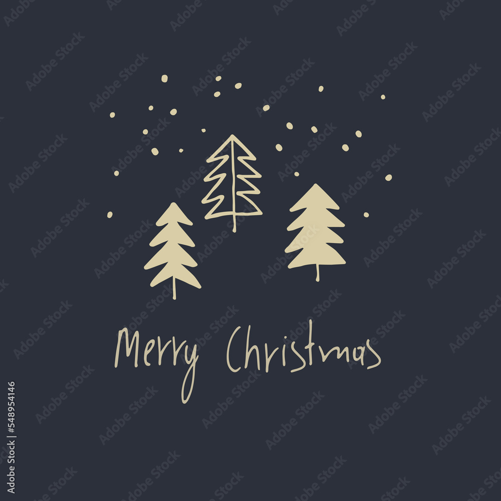 Obraz premium Merry Christmas greeting card, holiday illustration. Hand lettering, ornamental Christmas trees like gold