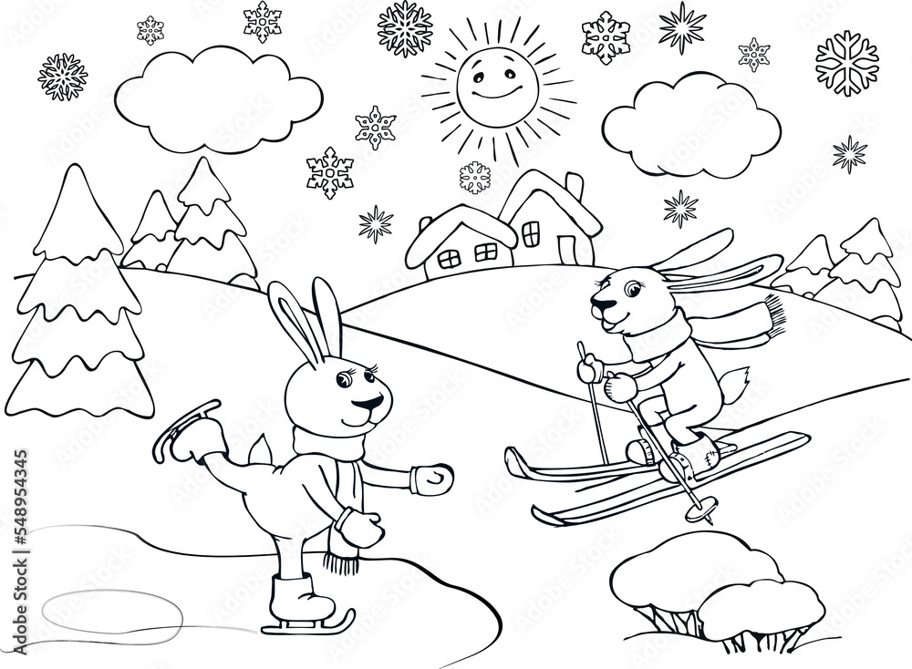 Cartoon hares go skiing and skating in winter. Illustration for children's coloring book.