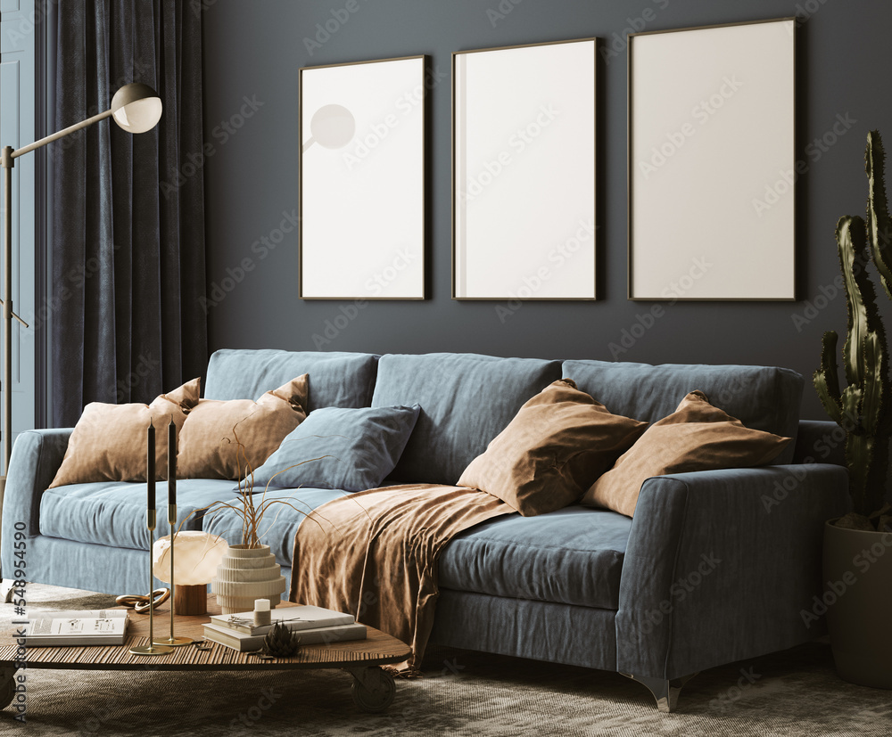 Mock-up frame in dark blue home interior, 3d render - obrazy, fototapety, plakaty 