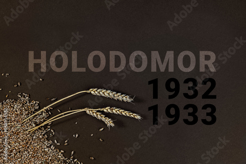 Grain and three spikelets on a black background. Symbol of the tragedy genocide of the Ukrainian people in 1932