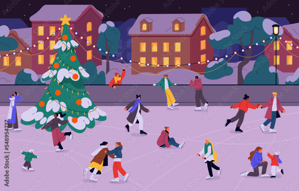 People skating on ice-rink on winter holiday. Happy active characters skaters outdoor in town, city with Christmas decoration, Xmas fir tree. Wintertime fun, vacation. Flat vector illustration People skating on ice-rink on winter holiday. Happy active characters skaters outdoor in town, city with Christmas decoration, Xmas fir tree. Wintertime fun, vacation. Flat vector illustration