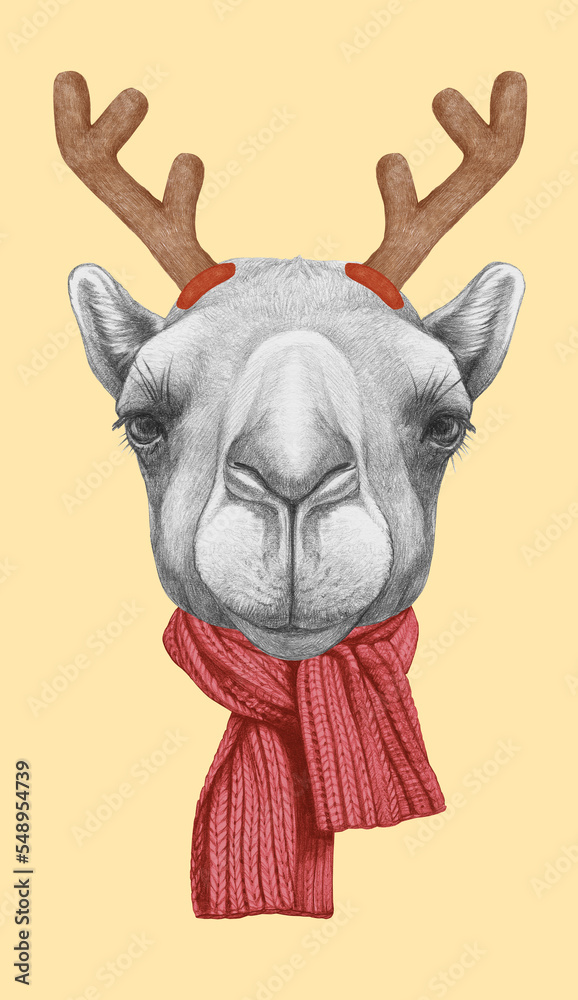 Portrait of Camel with Christmas Antlers. Hand-drawn illustration.