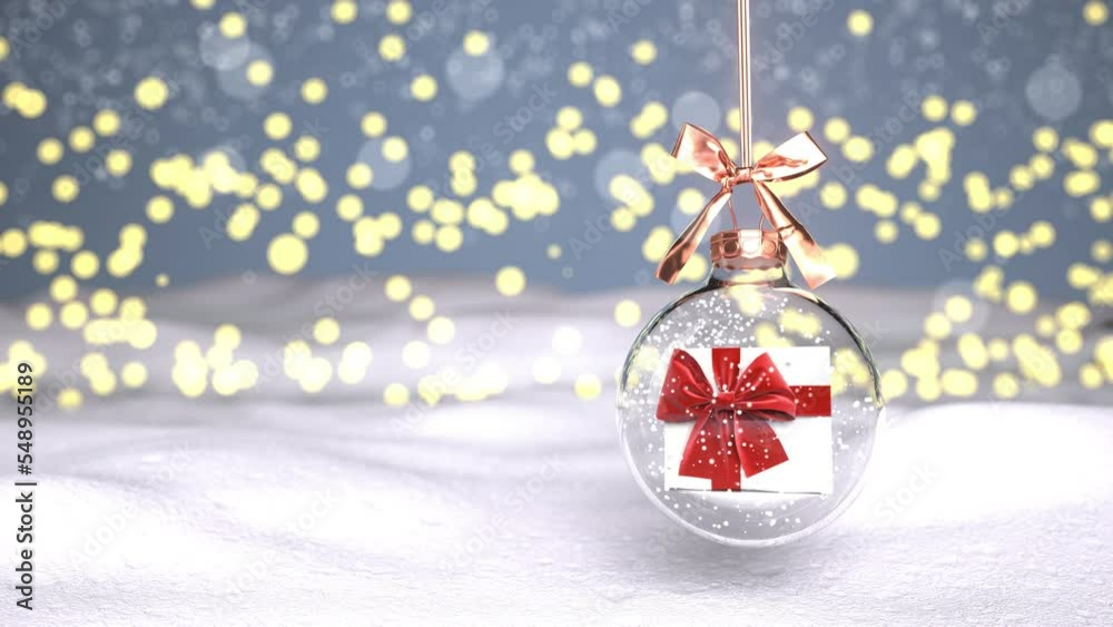 4k video Gift Box Christmas Tree Globe Bokeh. Prores 4444