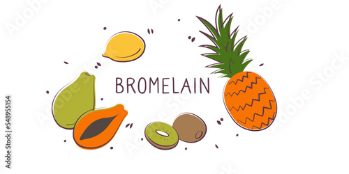 Bromelain-containing food. Groups of healthy products containing vitamins and minerals. Set of fruits, vegetables, meats, fish and dairy