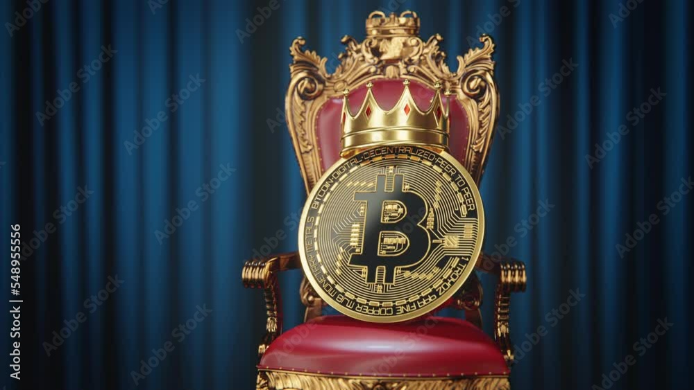 Gold BTC Bitcoin coin with king's crown on a red throne. Blue curtains in the background. Slow camera zoom out.
High quality 3D rendered footage in 4k 3840x2160 resolution.