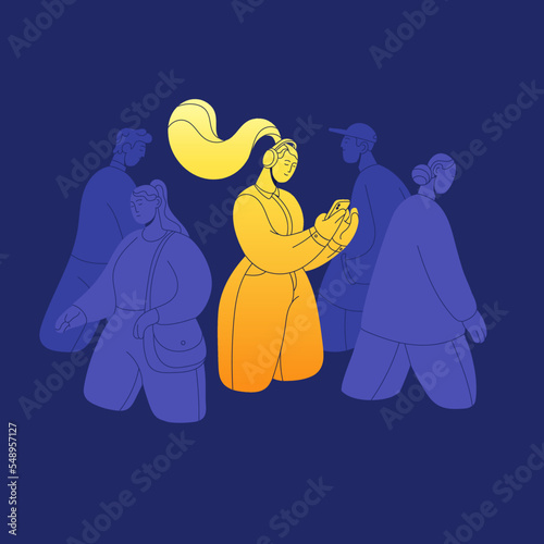 Happy girl in headphones listening to music. Outstanding optimistic woman in positive good mood, standing out among crowd. Psychology concept of happiness, optimism. Flat vector illustration