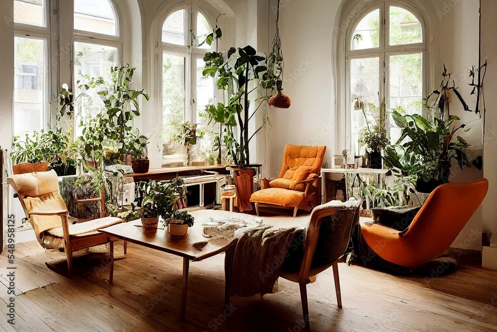Fototapeta premium Scandinavian and Bohemian styled living room interior illustration