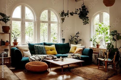 Cozy Bohemian living room interior with plants illustration