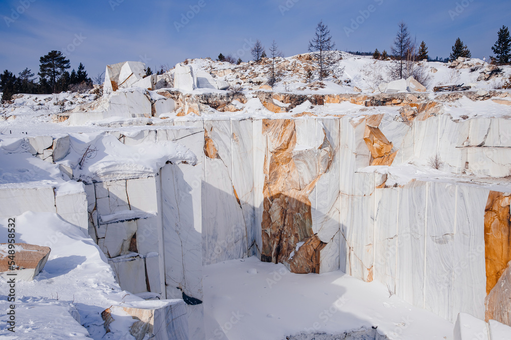 Abandoned Marble Quarry in winter Irkutsk with view of lake Baikal Siberia Russia