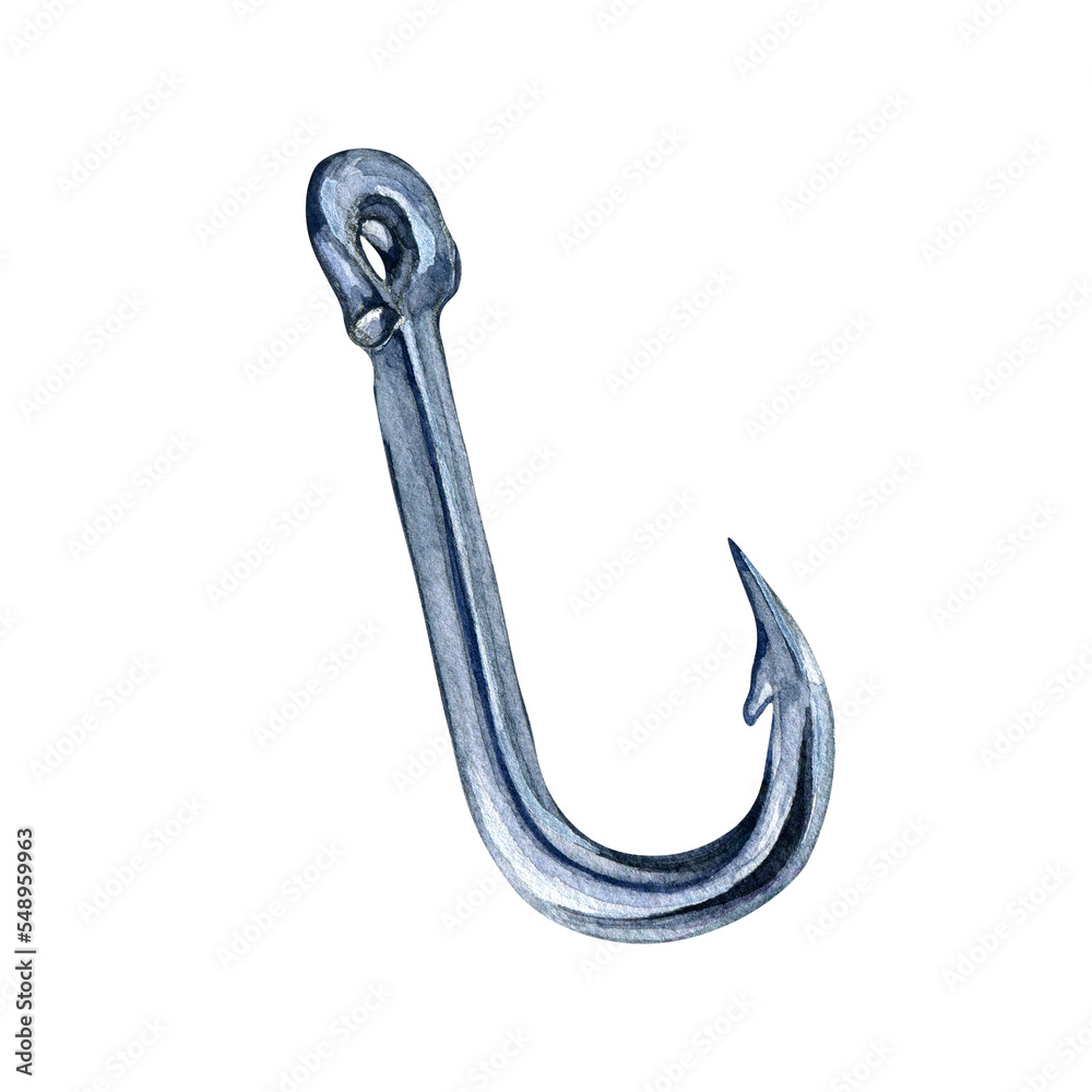 Fishing hook watercolor illustration isolated on white background.