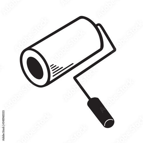 Paint roll tools vector icon silhouette isolated on plain white background. Painting equipment drawing with black colored simple flat line art.