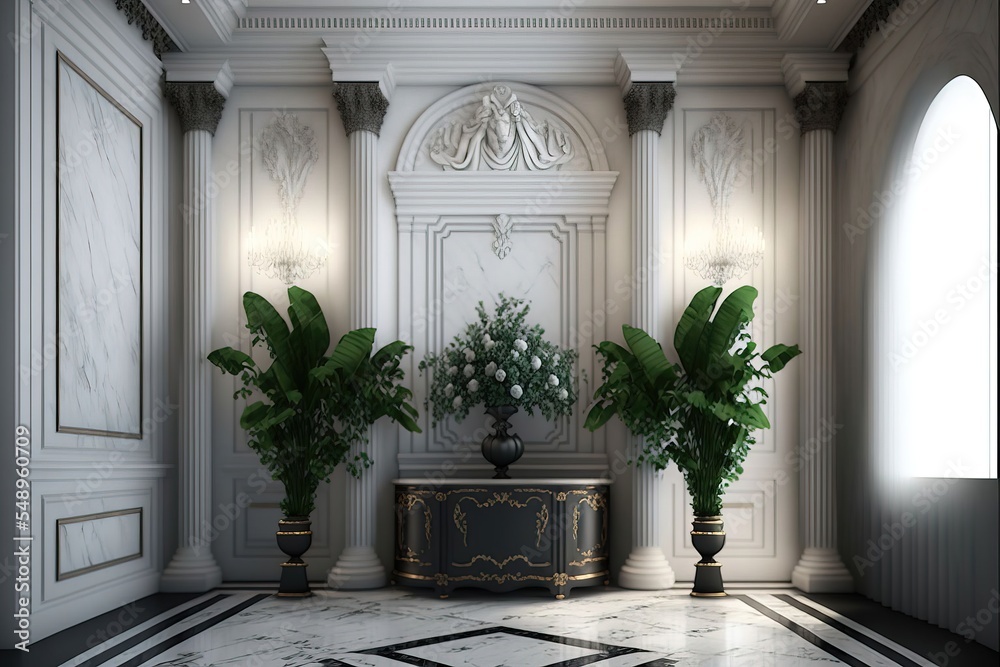 The design of the reception hall is in white marble background , black ...