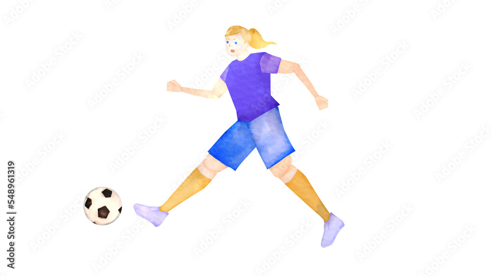 サッカーをする白人女性の水彩風背景透過イラスト
