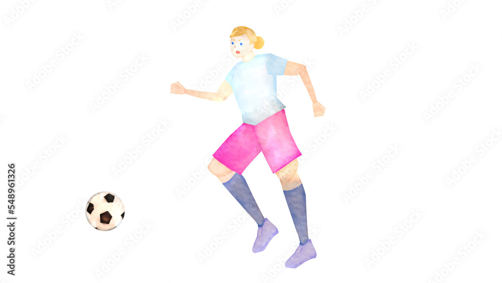 サッカーをする白人女性の水彩風背景透過イラスト