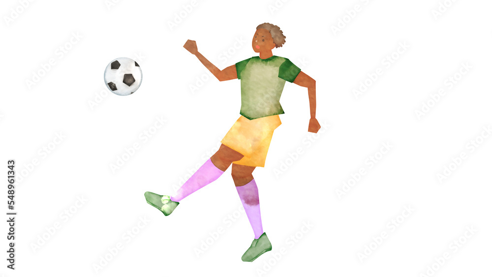 サッカーをする黒人女性の水彩風背景透過イラスト