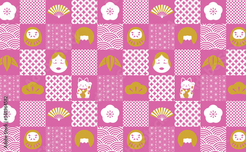 日本の象徴 和の縁起物をあしらった市松模様のシームレスパターン背景_パターン登録あり_ピンクと金