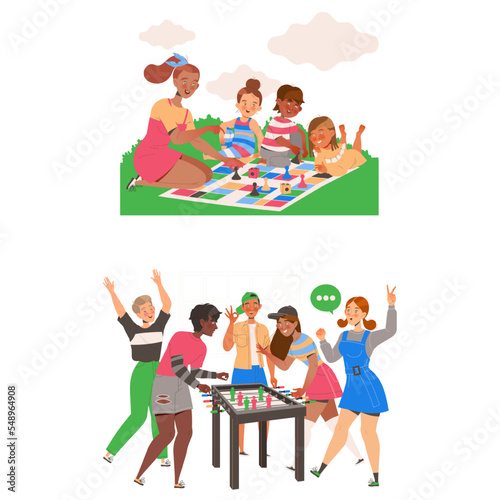 People Characters Playing Board Games Gathered Together Having Fun on Weekend Vector Set