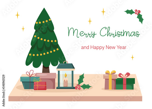 Potted Christmas tree with gift boxes and candle on the table - Christmas background