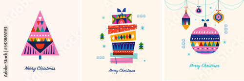 Set of Christmas cards with gift boxes, Christmas tree and toys