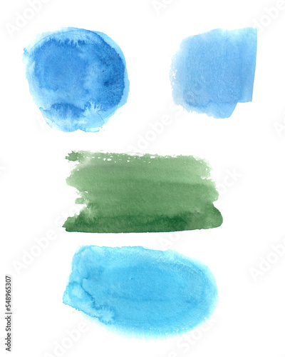 Abstract modern hand painted design with blue and greecolor watercolor brushstroke isolated on transparent background. The picture can be used for the design of postcards, banners, posters, brochures