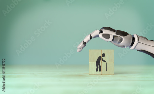 Robots and technology for elderly care concept. Artificial intelligence, consultancy services and health care with robot. Household nursing robot, helping and service, madical robot technology.