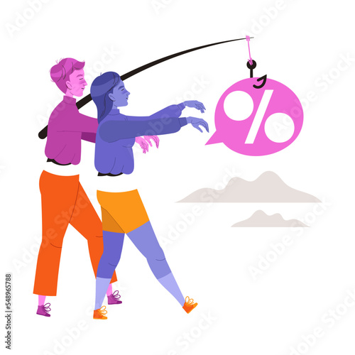 Young Man and Woman Character Sleepwalking Towards Percentage Sign Hanging on Fishing Rod Vector Illustration