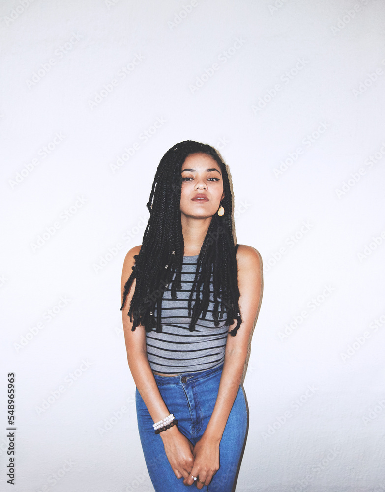 Black woman, fashion portrait and beauty with braids, elegant and hipster female in white studio background with mockup space. Young model, cool and serious with trendy stylish clothes with mock up Black woman, fashion portrait and beauty with braids, elegant and hipster female in white studio background with mockup space. Young model, cool and serious with trendy stylish clothes with mock up