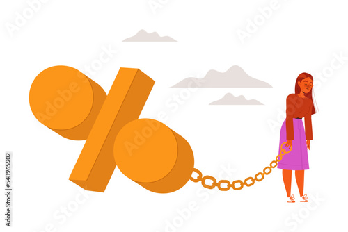 Exhausted Woman Character Holding Chain with Percentage Sign Vector Illustration