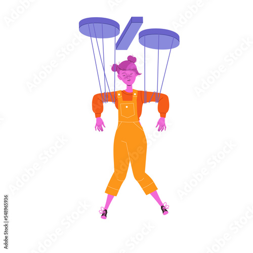 Young Woman Character with Percentage Sign Pulling Ropes as Marionette Vector Illustration