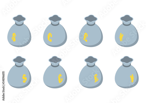 Set of isometric coin bags with drawstrings and major currency signs in different angles in flat style